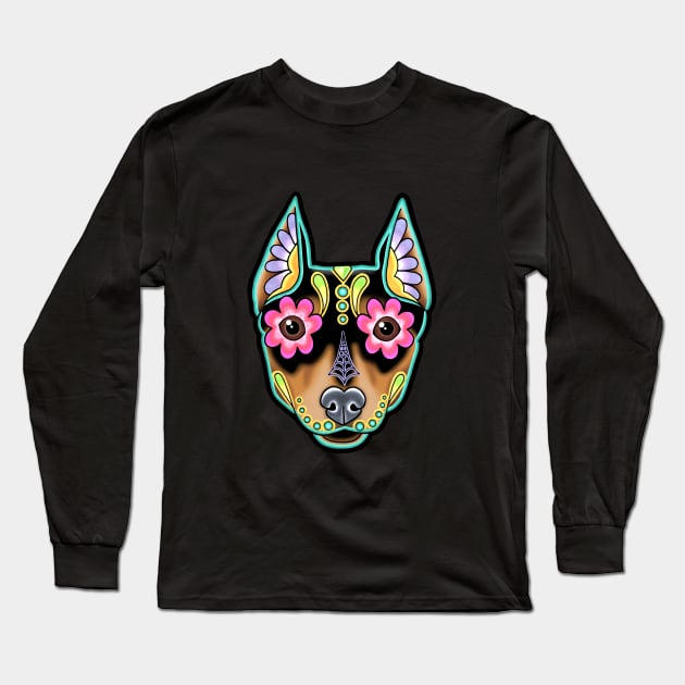 Min Pin - Day of the Dead Miniature Doberman Pinscher Sugar Skull Dog Long Sleeve T-Shirt by prettyinink